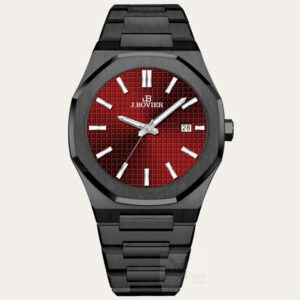 J. Bovier men watch. Ruby red dial with octagon case, paired with all black bracelet.