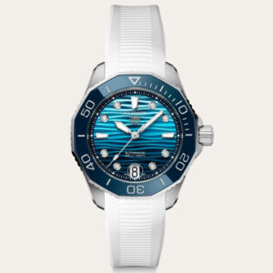 Tag Heuer WBP231N.FT6234 has a blue face with wavy pattern and white rubber straps