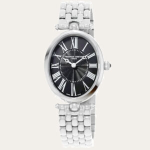Frederique Constant Art Deco ladies watch 200MPB2Y6B. Oval case black dial with roman indexes. Stainless Steel bracelet.