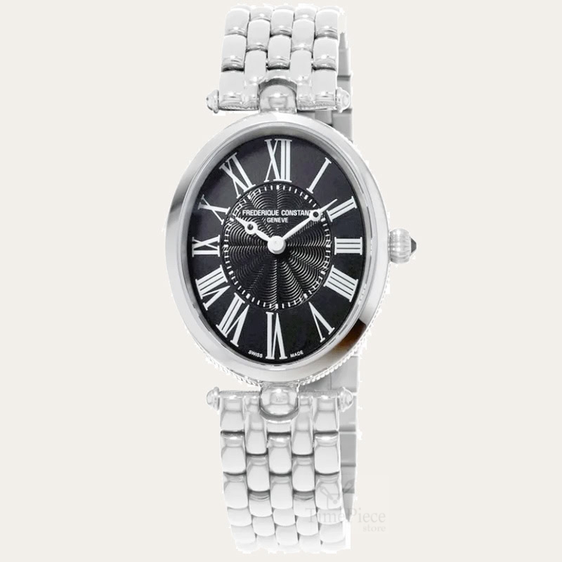 Frederique Constant Art Deco ladies watch 200MPB2Y6B. Oval case black dial with roman indexes. Stainless Steel bracelet.